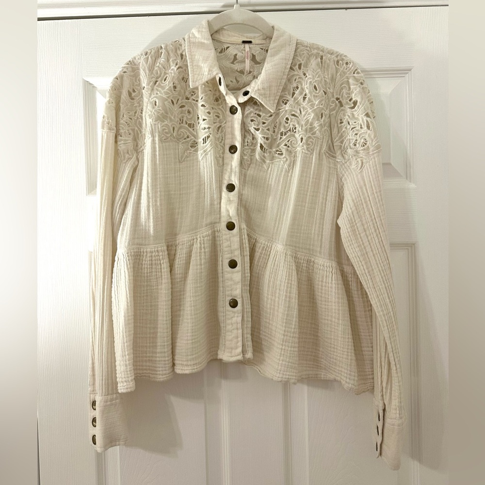 Free People Lace Appliqué Button Down Blouse